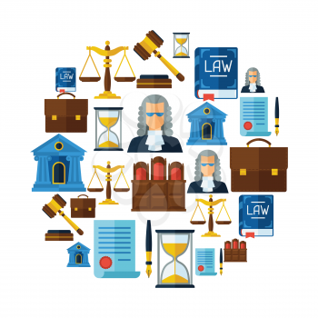 Law icons background in flat design style.
