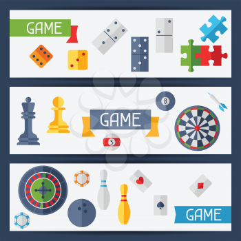 Horizontal banners with game icons in flat design style.