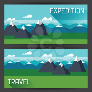 Banners with illustration of mountain landscape in flat style.