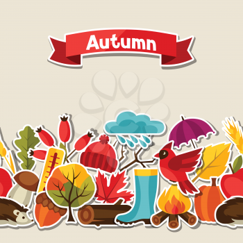 Seamless pattern with autumn sticker icons and objects.