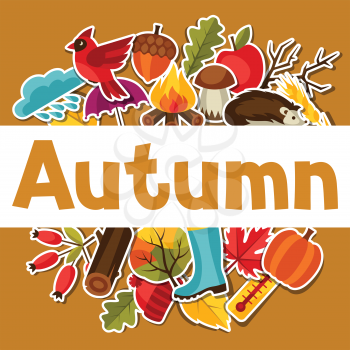 Background design with autumn sticker icons and objects.