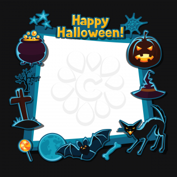 Happy halloween greeting card with stickers characters and objects.