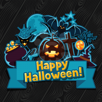 Happy halloween greeting card with stickers characters and objects.