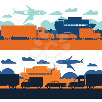 Freight cargo transport icons seamless patterns in flat design style.