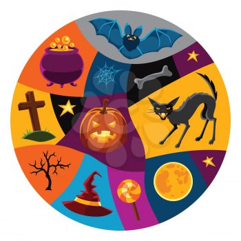 Happy halloween greeting card with characters and objects.