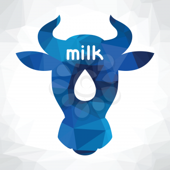 Cow head and milk emblem design on polygon background.