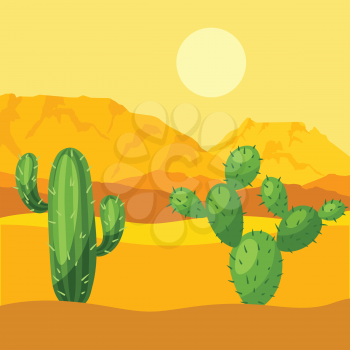 Illustration of mexican desert with cactuses and mountains.