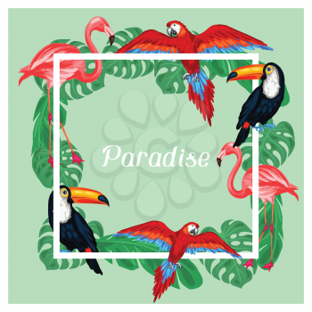 Tropical birds print design with palm leaves.
