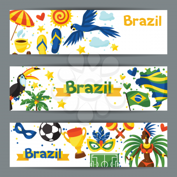 Brazil banners with stylized objects and cultural symbols.