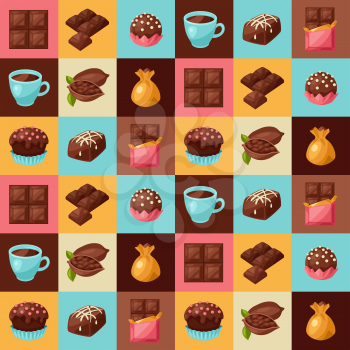 Chocolate seamless pattern with various tasty sweets and candies.