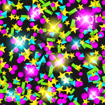 Seamless pattern with colourful sparlking confetti. Bright abstract holiday background.