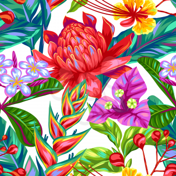 Seamless pattern with Thailand flowers. Tropical multicolor plants, leaves and buds.