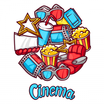 Cinema and 3d movie advertising background in cartoon style.