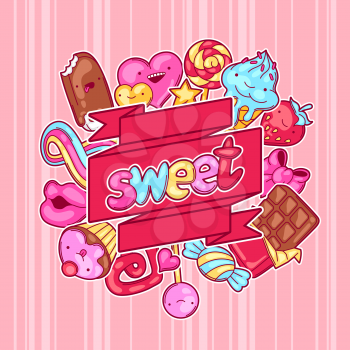 Kawaii background with sweets and candies. Crazy sweet-stuff in cartoon style.