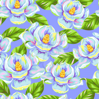 Seamless pattern with magnolia flowers. Bright buds and leaves.