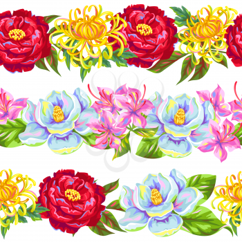 Seamless pattern with China flowers. Bright buds of magnolia, peony, rhododendron and chrysanthemum.