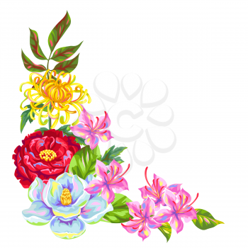 Decorative element with China flowers. Bright buds of magnolia, peony, rhododendron and chrysanthemum.