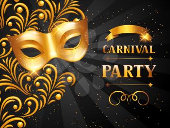 Carnival invitation card with golden mask. Celebration party background.