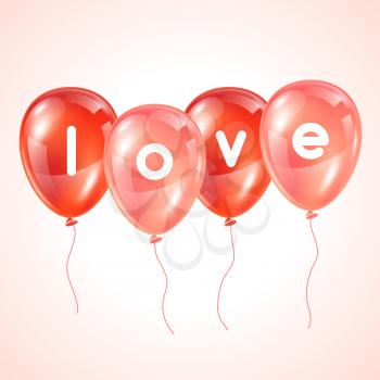 Love. Greeting card with pink and red glossy balloons. Happy Valentine Day background.