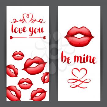 Happy Valentine day banners with red realistic lips.