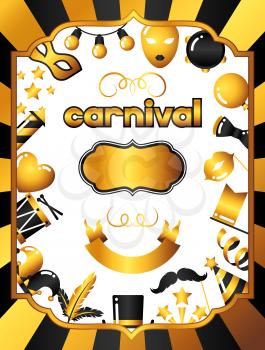 Carnival invitation card with gold icons and objects. Celebration party background.