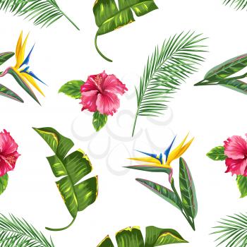 Seamless pattern with tropical leaves and flowers. Palms branches, bird of paradise flower, hibiscus.