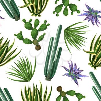 Seamless pattern with cactuses and succulents set. Plants of desert.