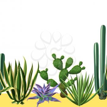 Seamless border with cactuses and succulents set. Plants of desert.