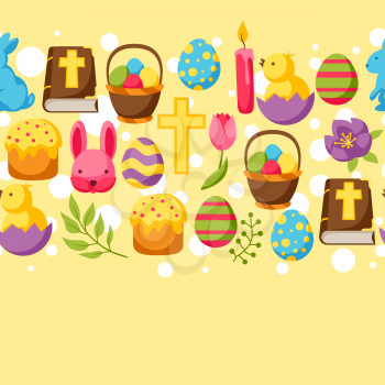Happy Easter seamless pattern with decorative objects, eggs and bunnies.