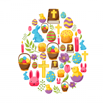 Happy Easter greeting card with decorative objects, eggs and bunnies.