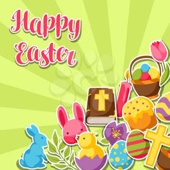 Happy Easter greeting card with decorative objects, eggs and bunnies stickers.