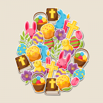 Happy Easter greeting card with decorative objects, eggs and bunnies stickers.