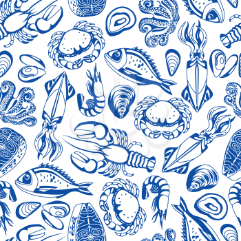 Seamless pattern with various seafood. Illustration of fish, shellfish and crustaceans.