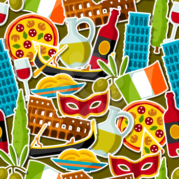 Italy seamless pattern. Italian sticker symbols and objects.