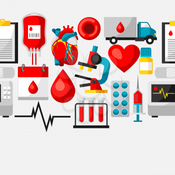 Seamless pattern with blood donation items. Medical and health care objects.