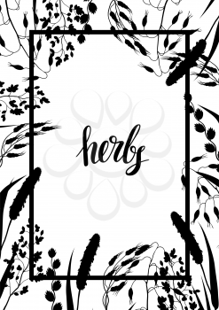 Frame with herbs and cereal grass silhouettes. Floral design of meadow plants.