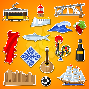 Portugal stickers set. Portuguese national traditional symbols and objects.