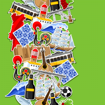 Portugal seamless pattern with stickers. Portuguese national traditional symbols and objects.