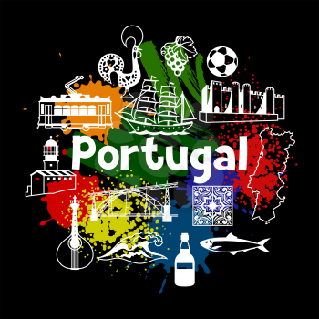 Portugal print design. Portuguese national traditional symbols and objects.