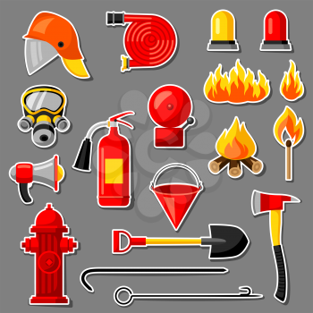 Set of firefighting stickers. Fire protection equipment.