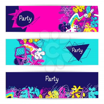 Trendy colorful banners crazy party. Abstract modern color elements in graffiti style.