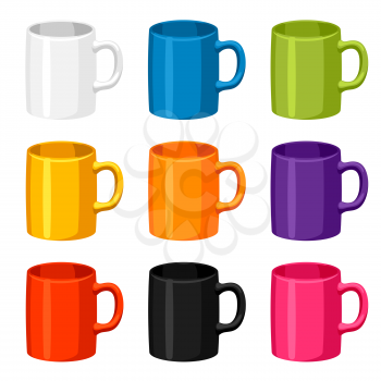 Colored mugs templates. Set of promotional gifts and souvenirs.