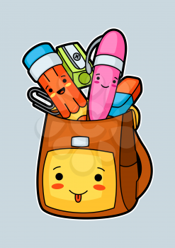 Kawaii school backpack with cute education supplies.