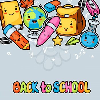 Back to school. Kawaii background with cute education supplies.