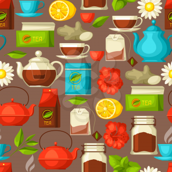 Seamless pattern with tea and accessories, packs and kettles.
