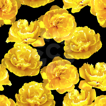 Seamless pattern with fluffy yellow tulips. Beautiful realistic flowers and buds.