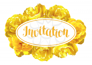 Invitation card fluffy yellow tulips. Beautiful realistic flowers and buds.