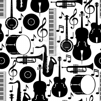 Jazz music seamless pattern with musical instruments.