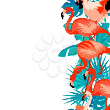 Seamless border with flamingo. Tropical bright abstract birds and palm leaves.
