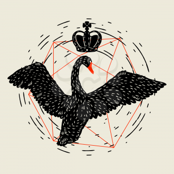 Background with flying black swan. Hand drawn bird.